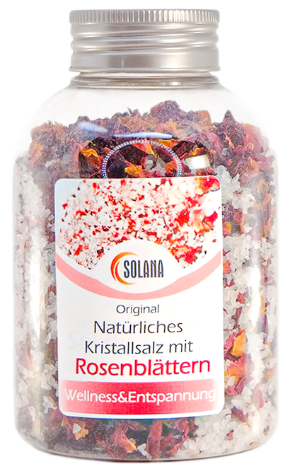 NATÜRLICHES BADEKRISTALLSALZ mit Rosenblättern 500 g Flasche