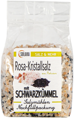 Salzkristalle Reines Rosa (bekannt als Himalaya Salz) mit Schwarzkümmel 300 Gramm Beutel
