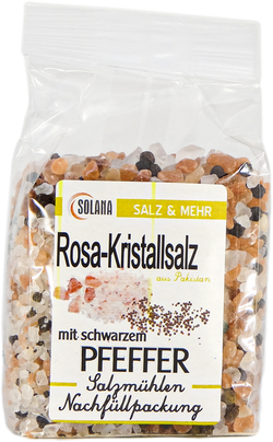 Salzkristalle Reines Rosa (bekannt als Himalaya Salz) mit schwarzem Pfeffer 300 Gramm Beutel