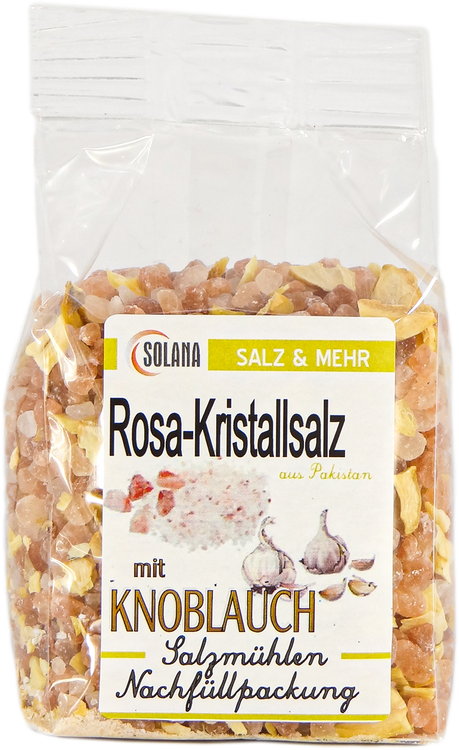 Salzkristalle Reines Rosa (bekannt als Himalaya Salz) mit Knoblauch 300 Gramm Beutel