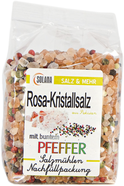 Salzkristalle Reines Rosa (bekannt als Himalaya Salz) mit buntem Pfeffer 300 Gramm Beutel
