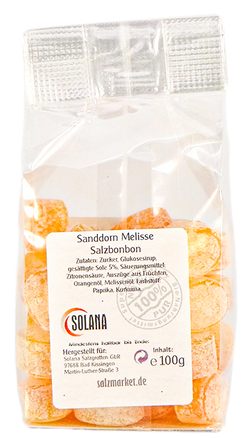 Kristall-Salinenbonbons aus Natursole, Sanddorn-Melisse 100 g