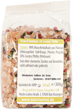 Salzkristalle Reines Rosa (bekannt als Himalaya Salz) mit buntem Pfeffer 300 Gramm Beutel