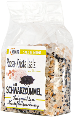 Salzkristalle Reines Rosa (bekannt als Himalaya Salz) mit Schwarzkümmel 300 Gramm Beutel