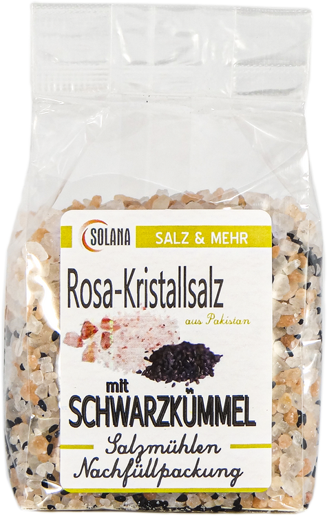 Salzkristalle Reines Rosa (bekannt als Himalaya Salz) mit Schwarzkümmel 300 Gramm Beutel