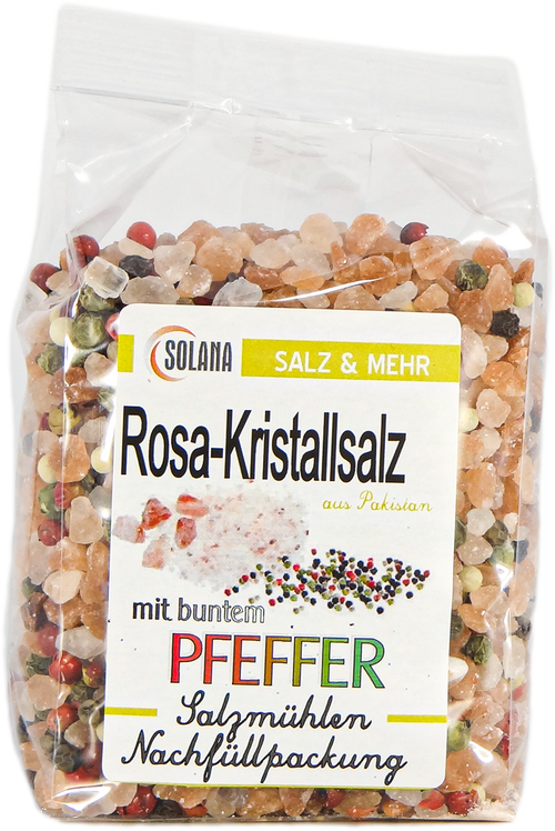 SALZKRISTALLE  REINES ROSA ( bekannt als Himalaya Salz) MIT BUNTEM PFEFFER  300 Gramm Beutel 