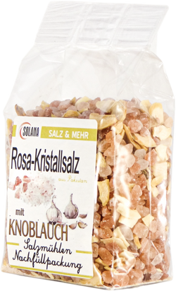 Salzkristalle Reines Rosa (bekannt als Himalaya Salz) mit Knoblauch 300 Gramm Beutel
